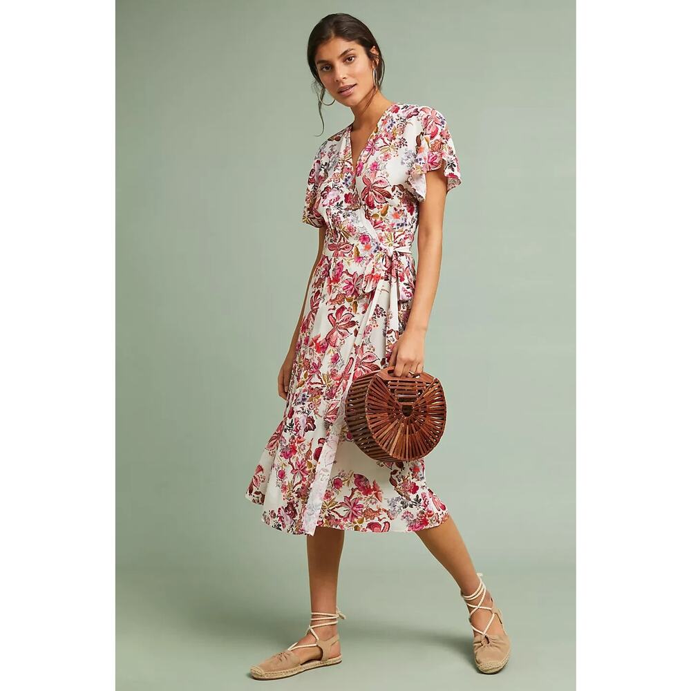 Anthropologie Kachel Womens Colorful Floral Aleydi Printed-Wrap Dress US 8